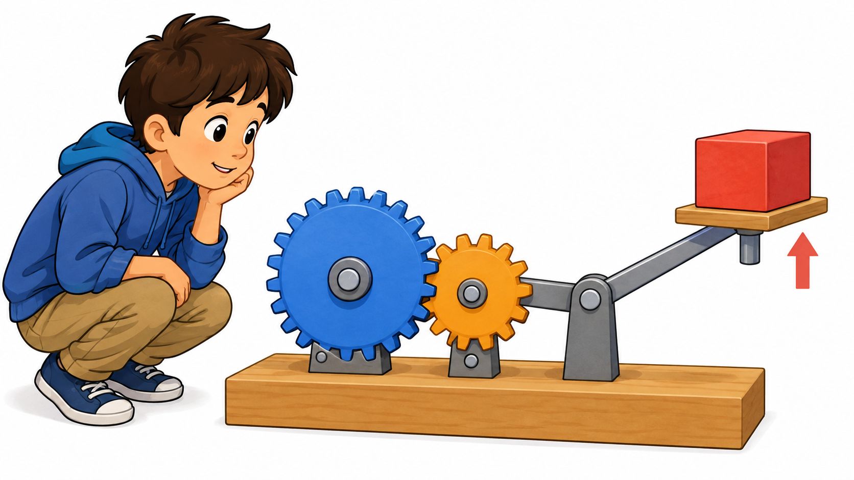 A young boy watching a mechanical gear system lifting a red cube on a wooden platform.