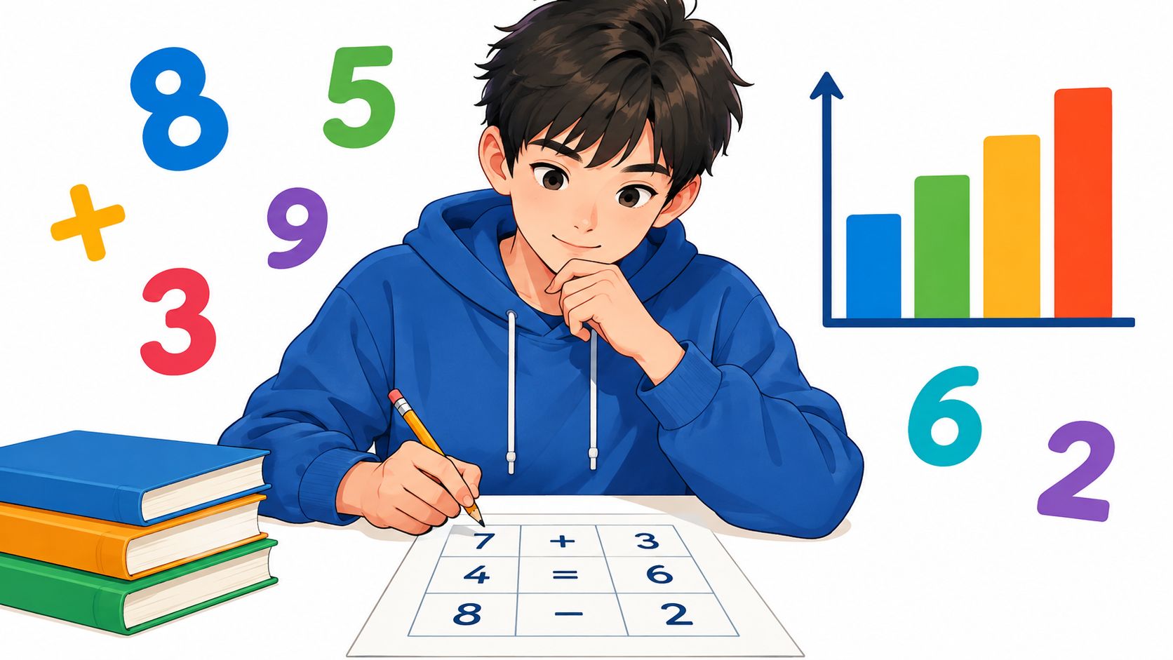 A young student in a blue hoodie focused on solving mathematical equations on a white paper