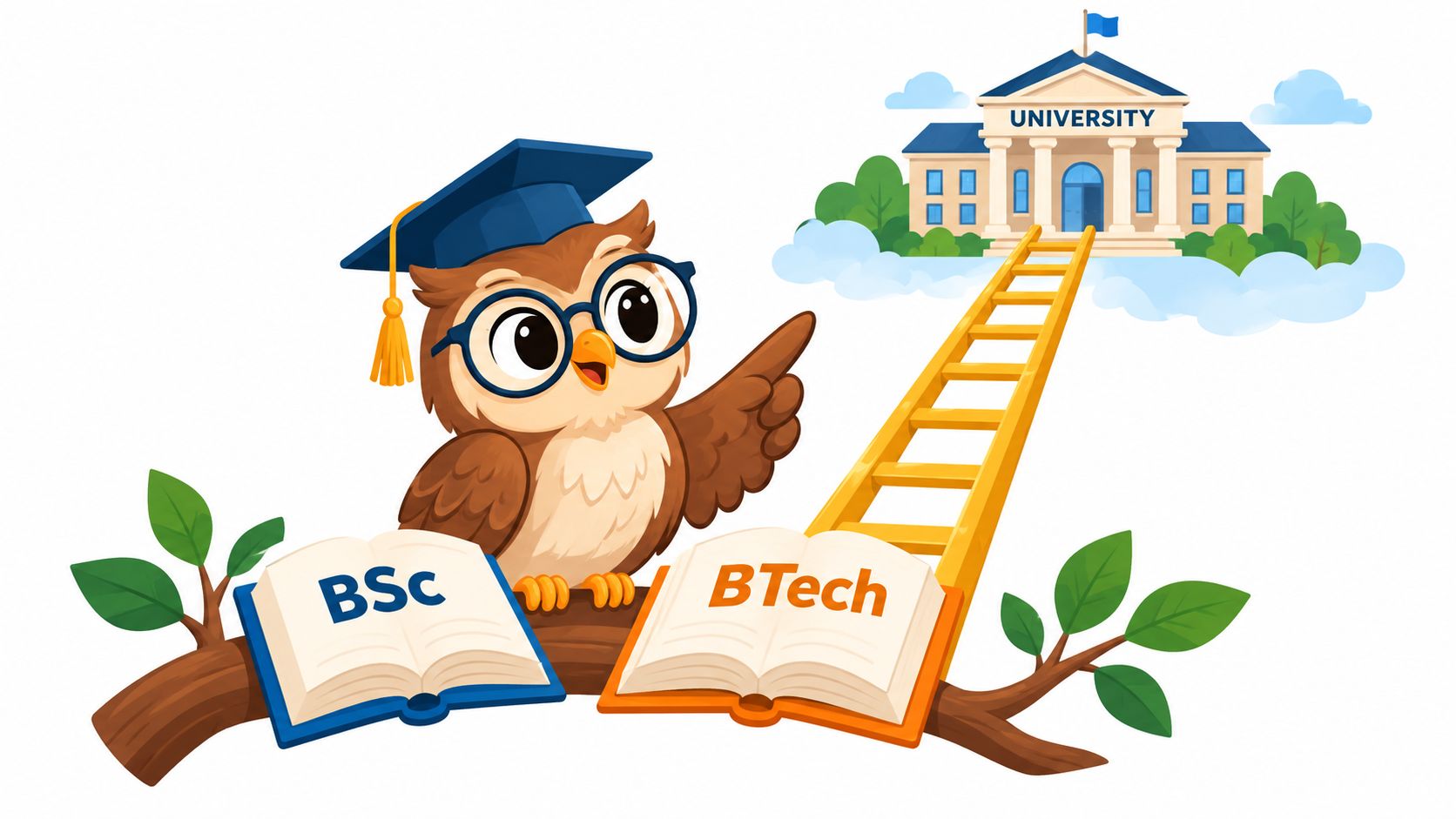 A wise cartoon owl wearing a graduation cap points toward a university building reached by a ladder.