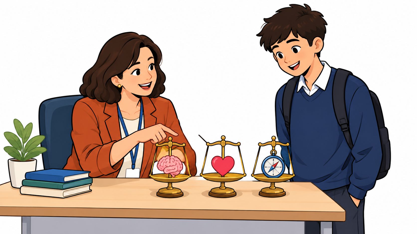 A female career advisor helping a young male student choose between logic, heart, and direction using scales.