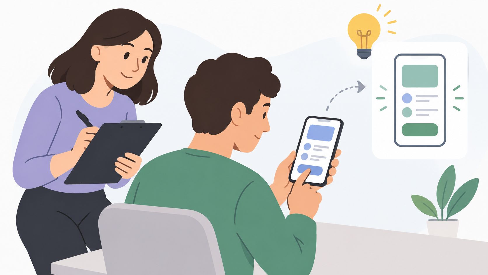 A woman taking notes while a man looks at a mobile app design concept on his phone.