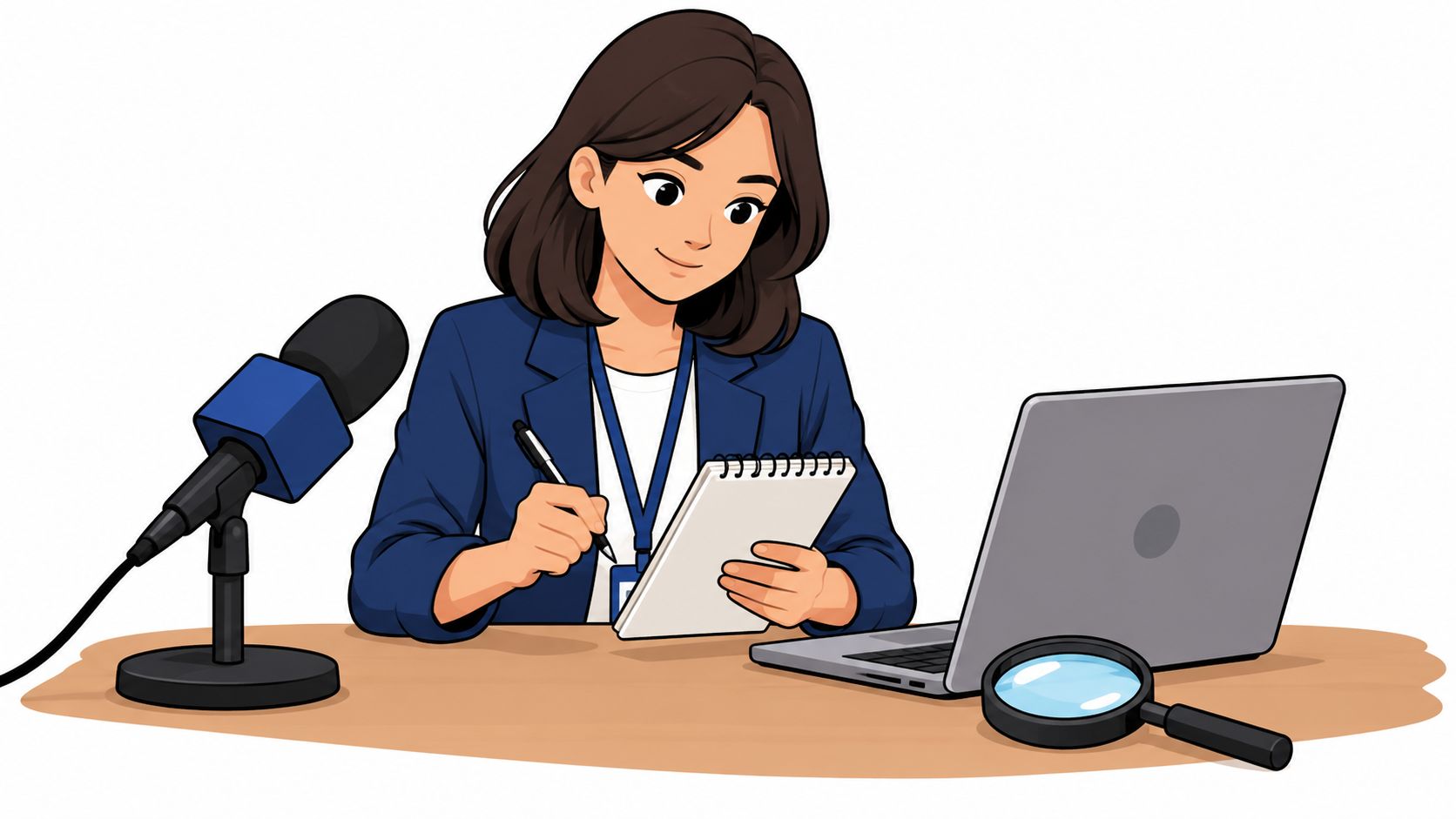A professional journalist taking notes in a notebook while sitting at a desk with a laptop and microphone.