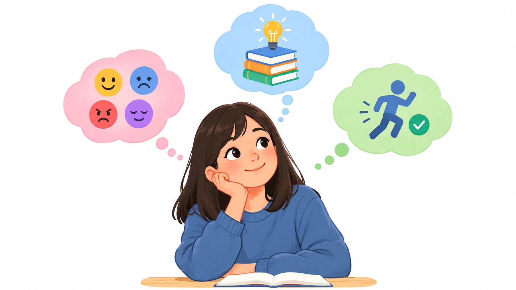 A young girl sitting at a desk thoughtfully pondering about emotions, academics, and career paths.