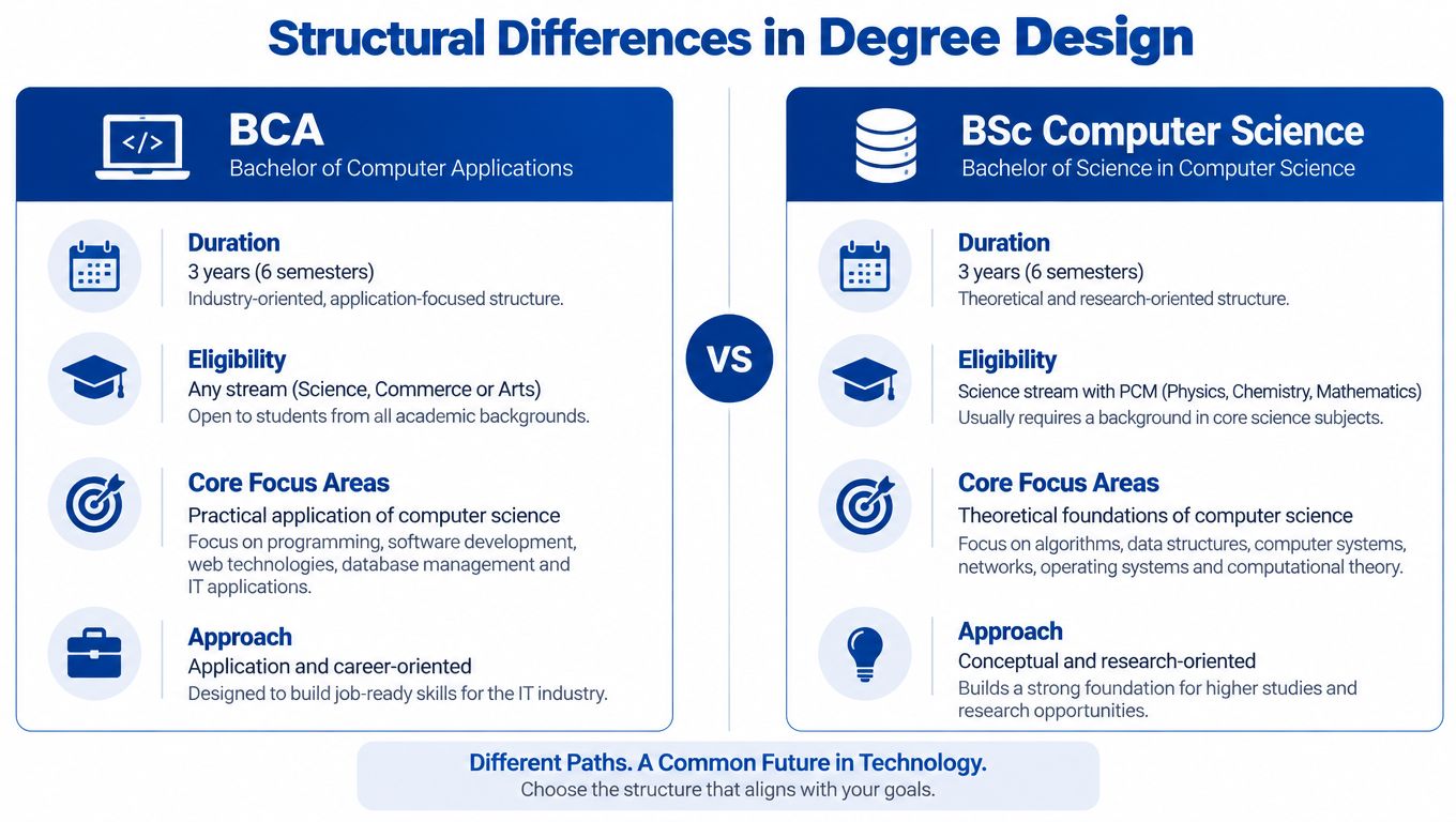 A comparison infographic showing the structural differences between BCA and BSc Computer Science degree programs.