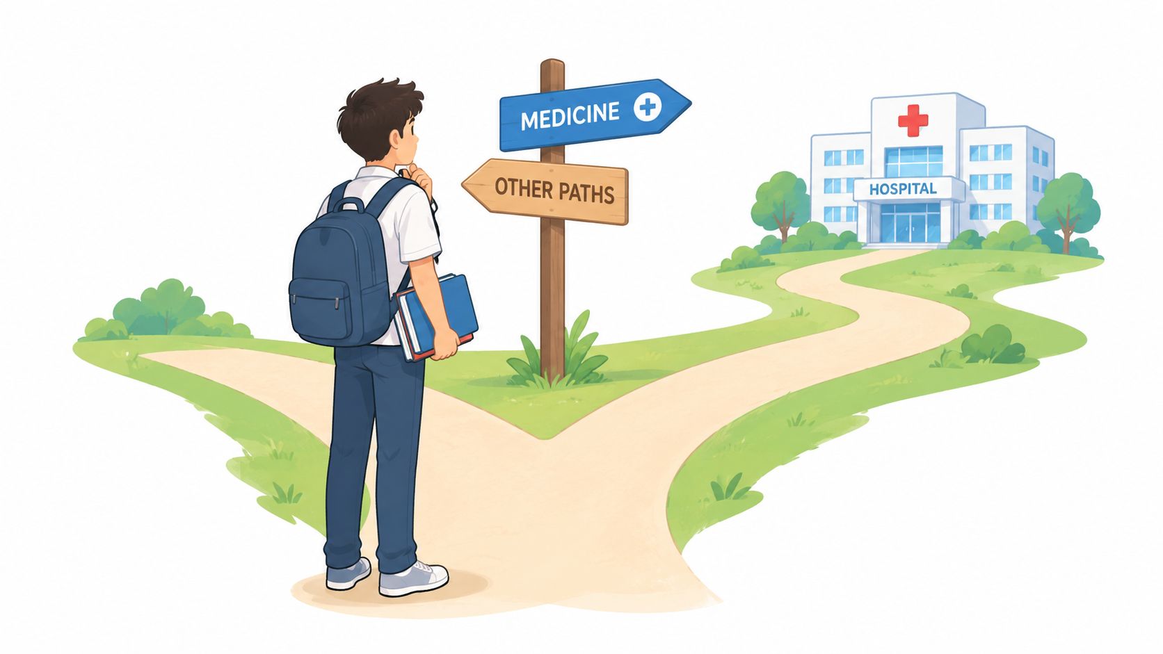 A student standing at a fork in the road choosing between medicine and other career paths.