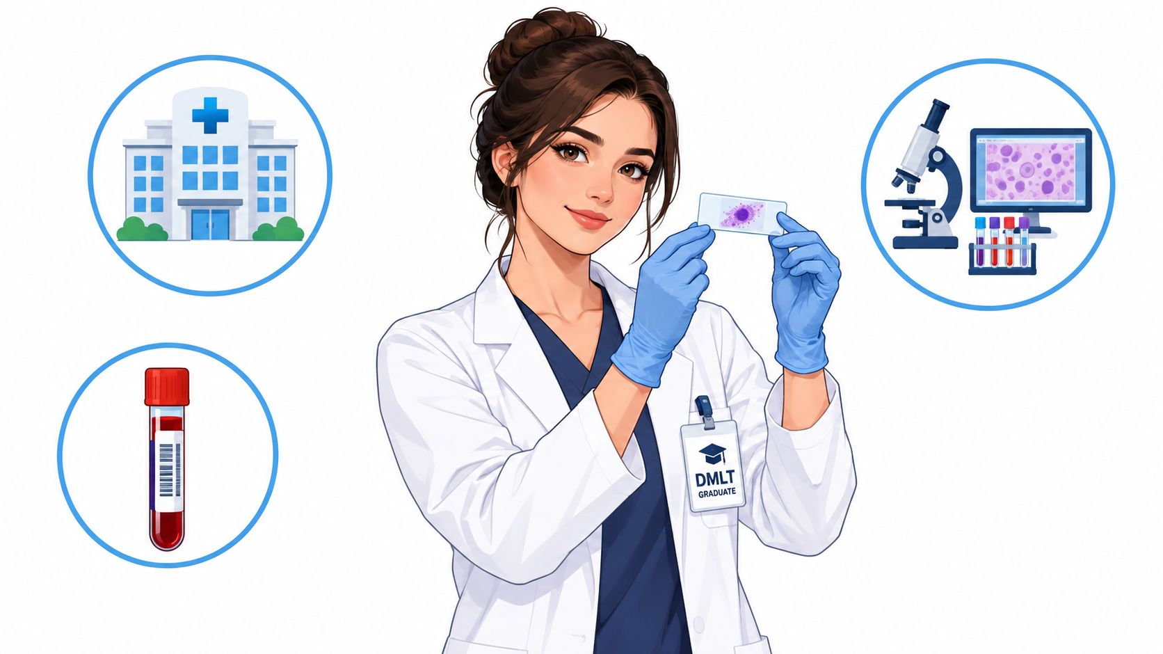 A professional DMLT graduate holding a glass microscope slide in a medical laboratory setting with equipment.