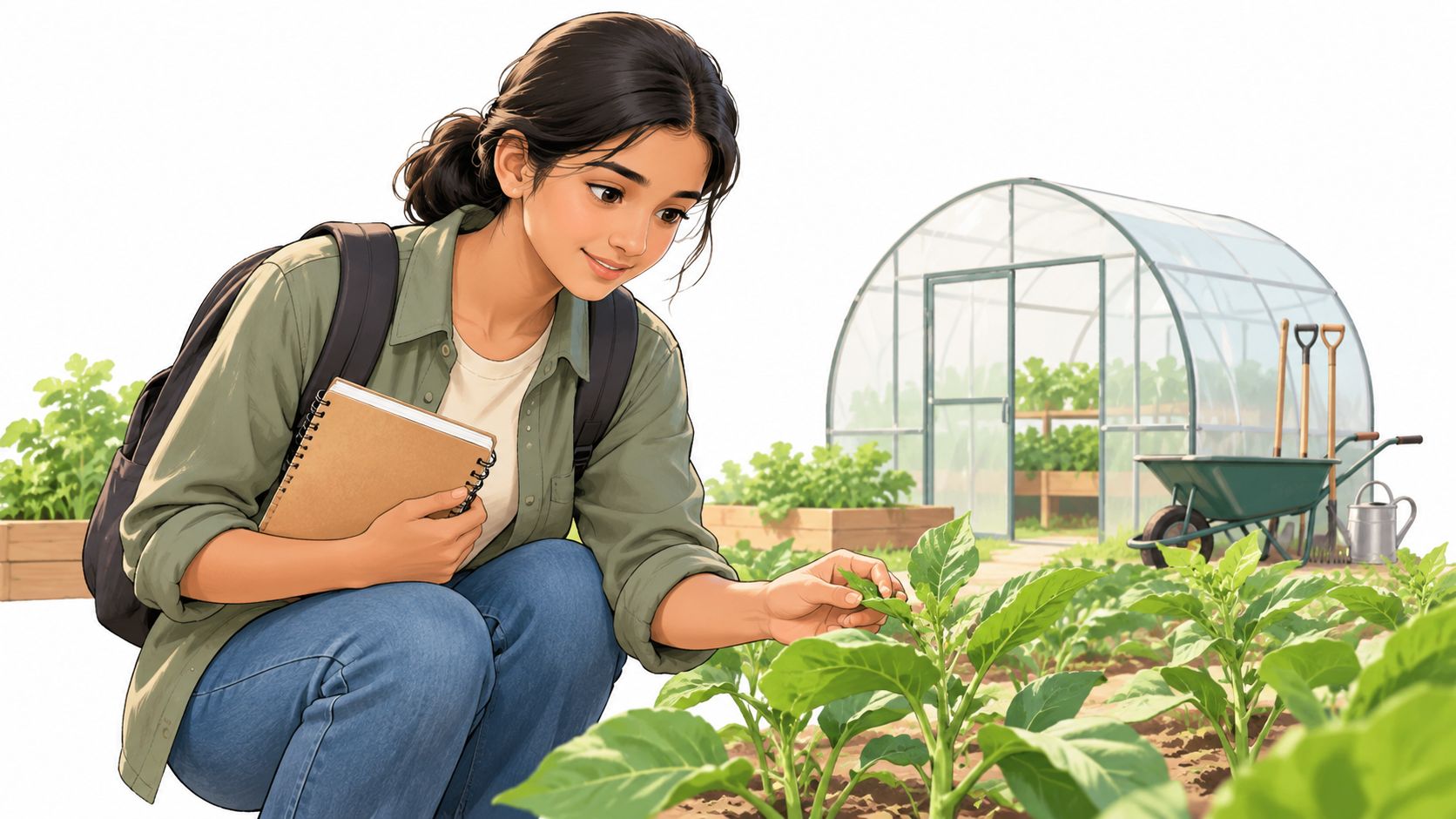 A female student researching plants in a garden near a greenhouse for higher education in India.