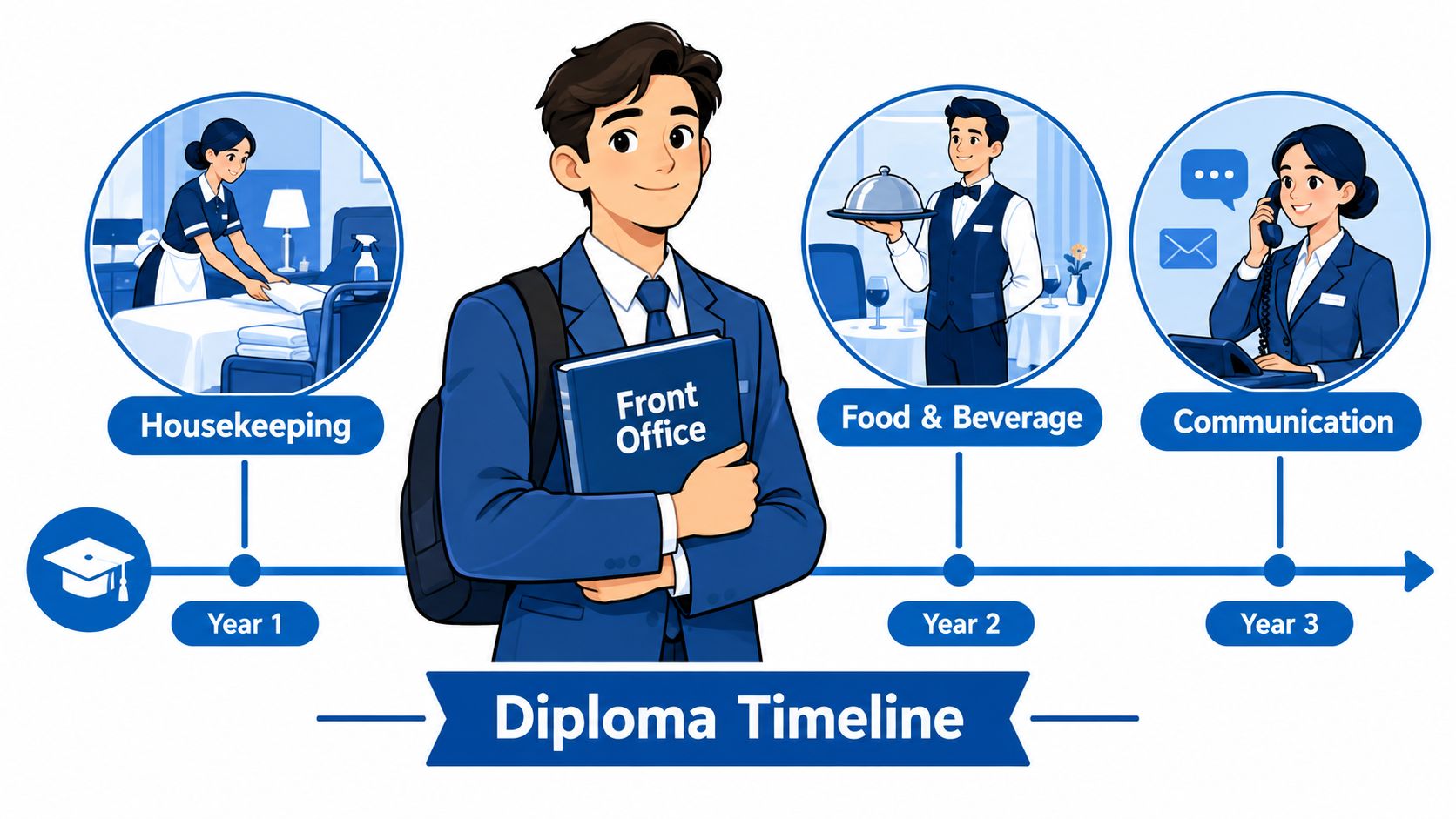A visual timeline infographic for a hotel management diploma, detailing subjects for each academic year.