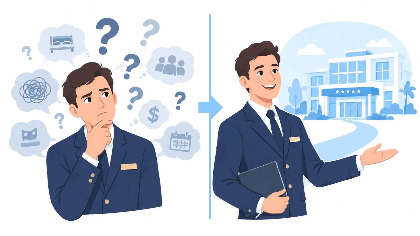 A professional hotelier transitioning from confused decision-making to offering expert solutions for high-end hospitality services.