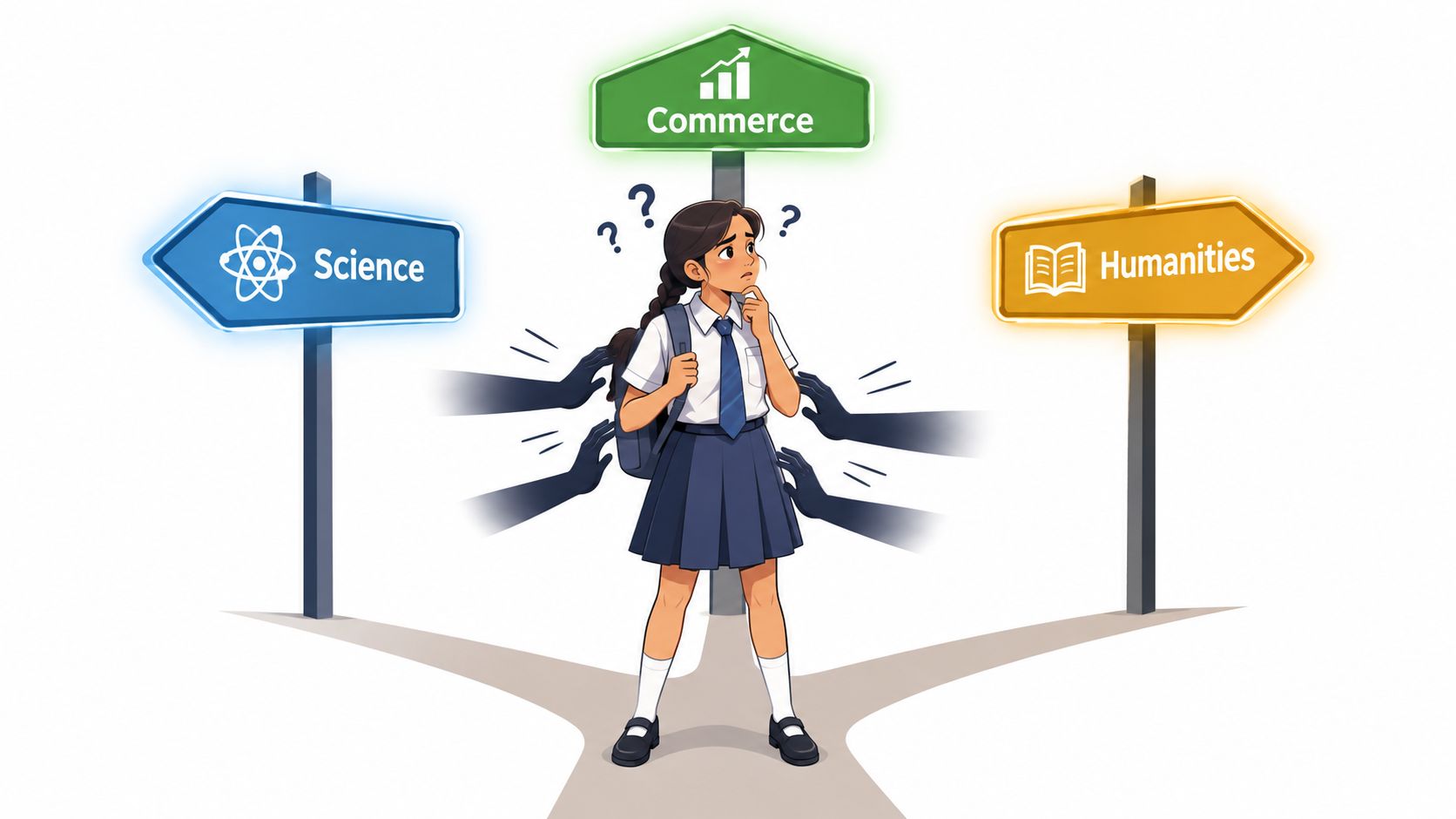 A confused school student stands at a crossroads, choosing between science, commerce, and humanities career paths.