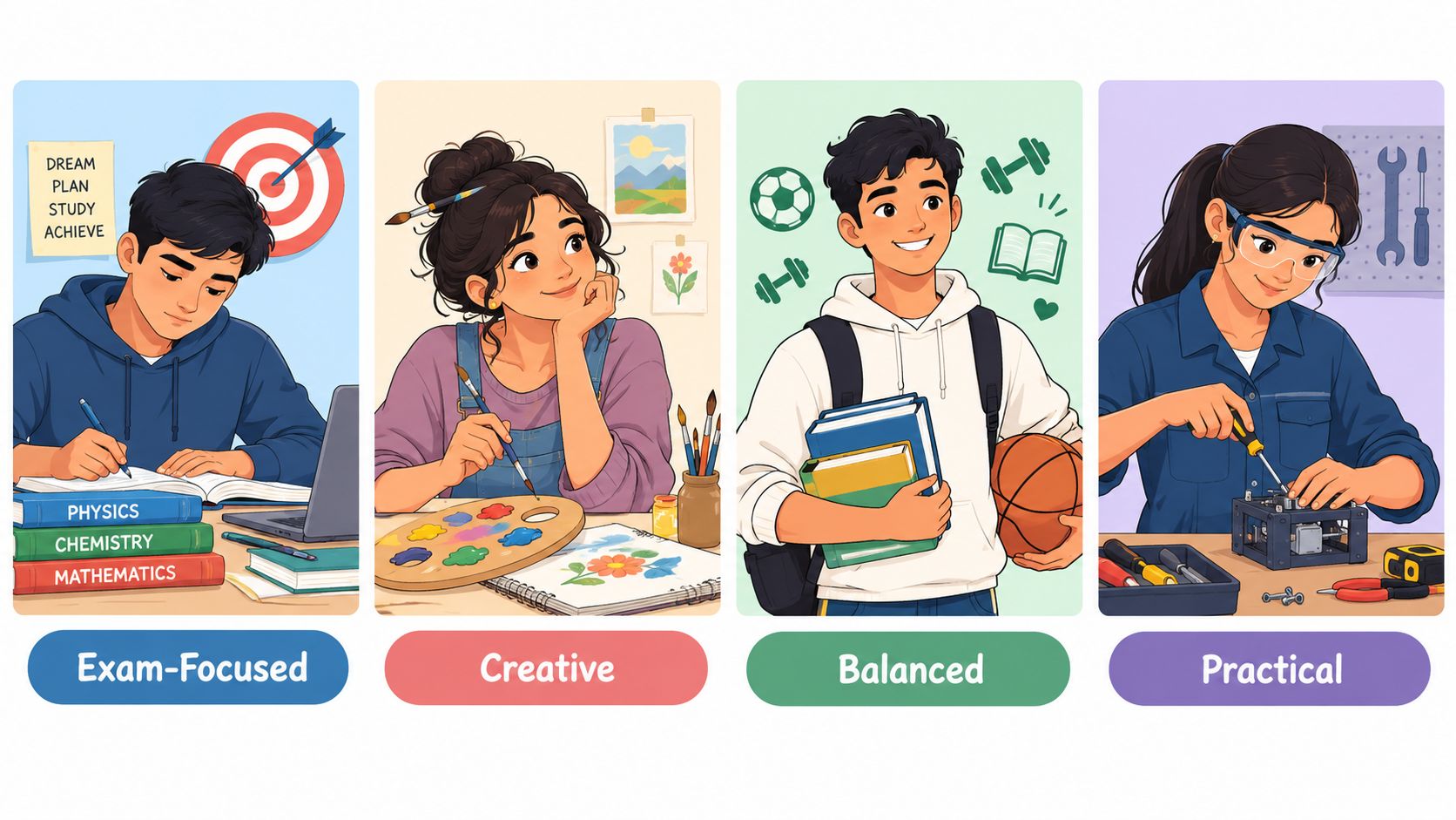 Four illustrated panels depicting different student archetypes: exam-focused, creative, balanced, and practical career development paths.