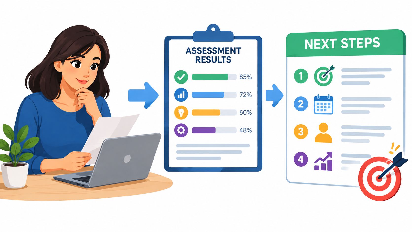 A woman reviewing psychometric test results and planning her next steps for career development on a laptop.