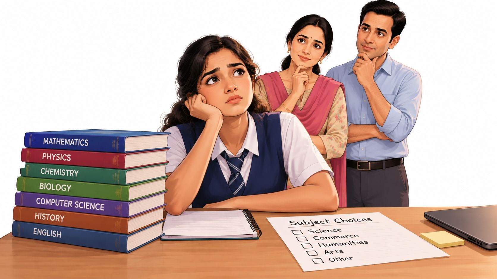 A confused student sitting with textbooks and a subject choice form, while parents look on thoughtfully.