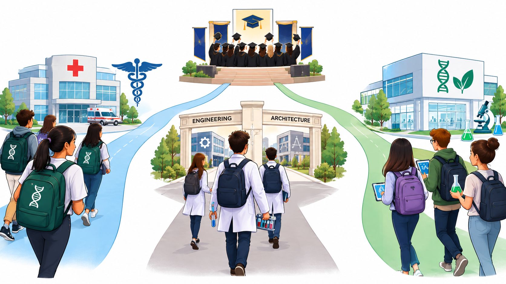 Students walking towards various career paths like medicine, engineering, architecture, and life sciences after graduation.
