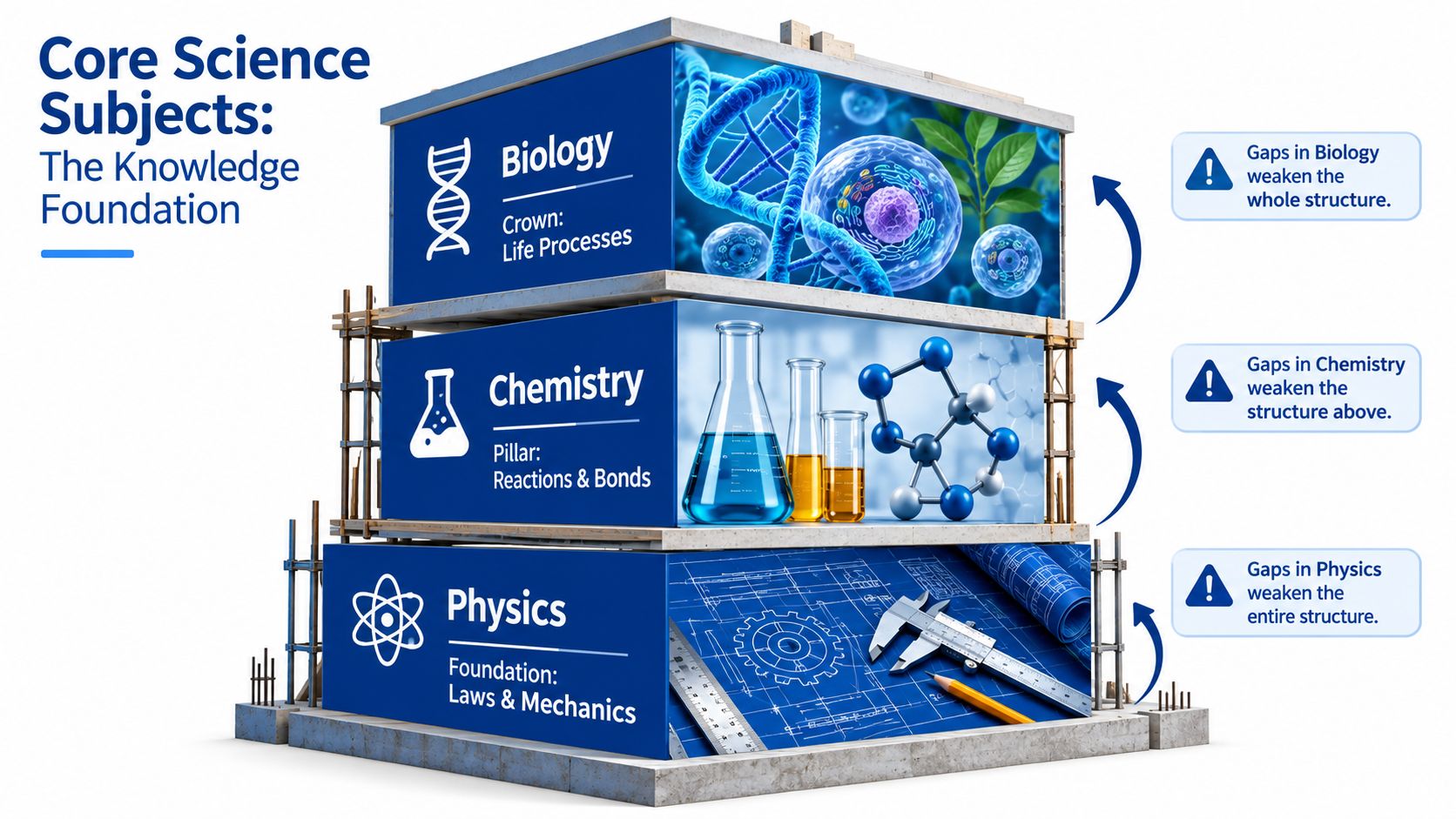 A diagram showing physics, chemistry, and biology as a stacked building structure representing core science subjects.