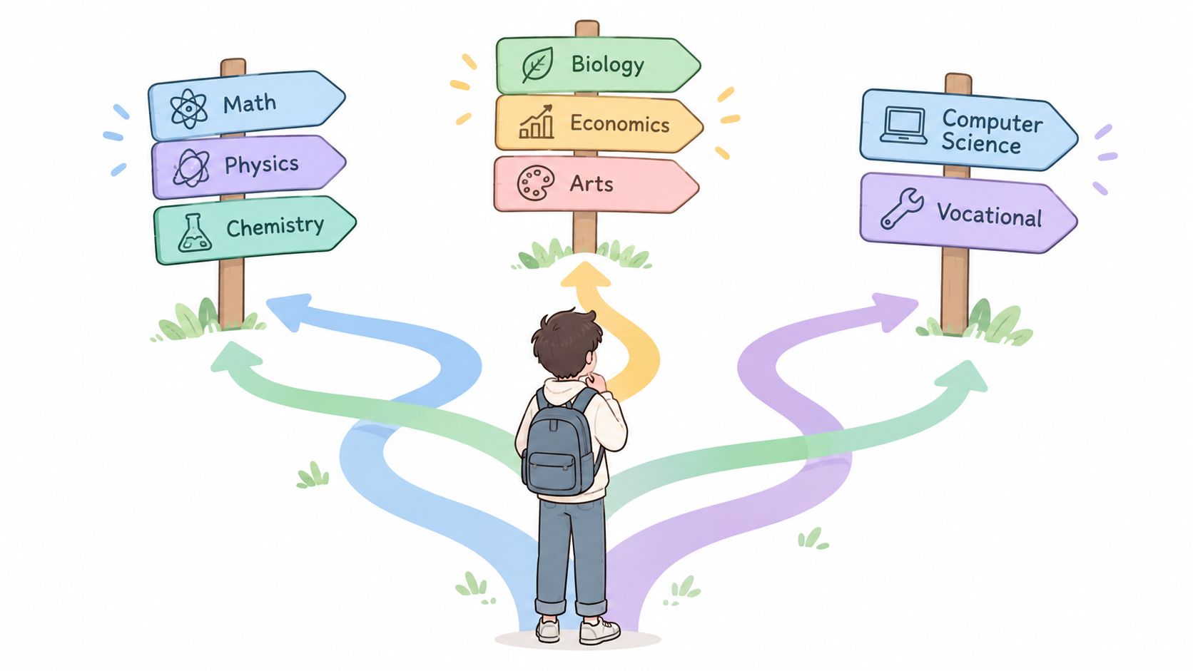A student standing at a crossroads deciding between various academic subject paths on signposts, representing stream selection.