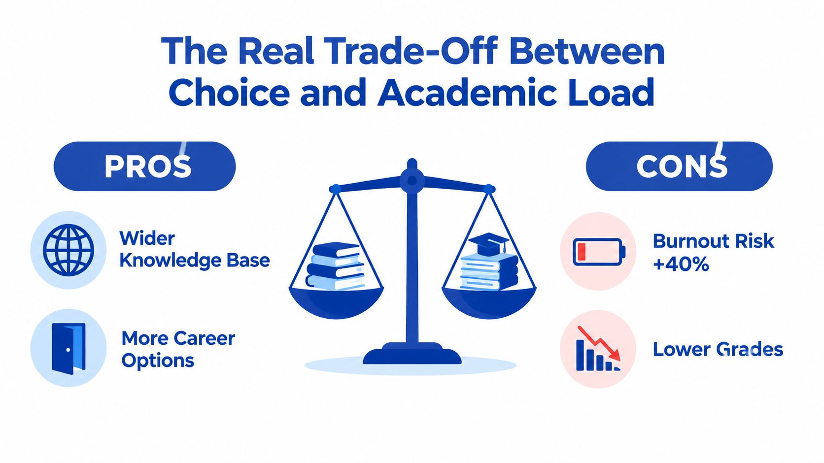 A balanced scale illustration weighing the pros and cons of academic choice and student workload.