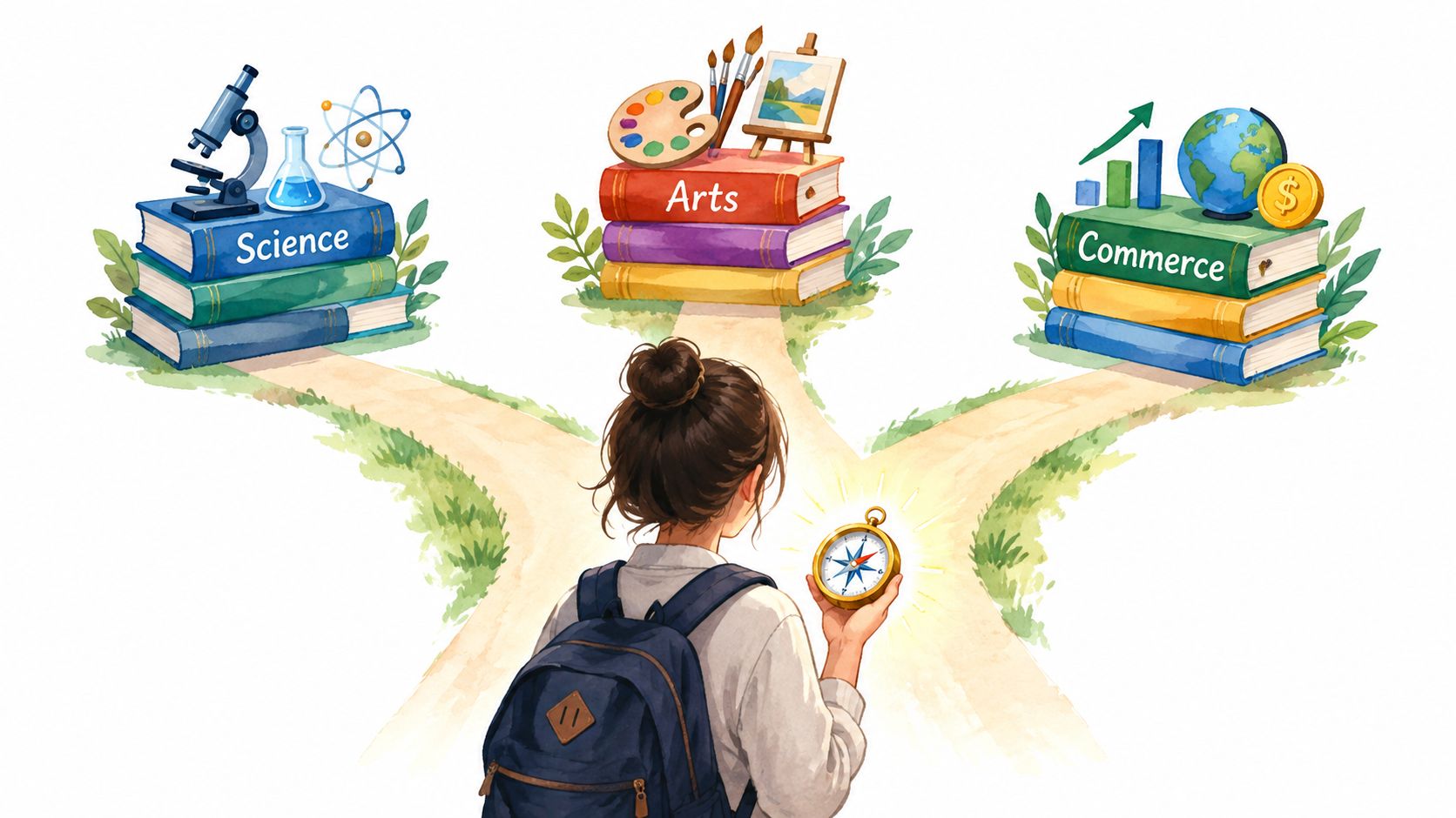 A student standing at a fork in the road holding a compass, choosing between Science, Arts, and Commerce fields.